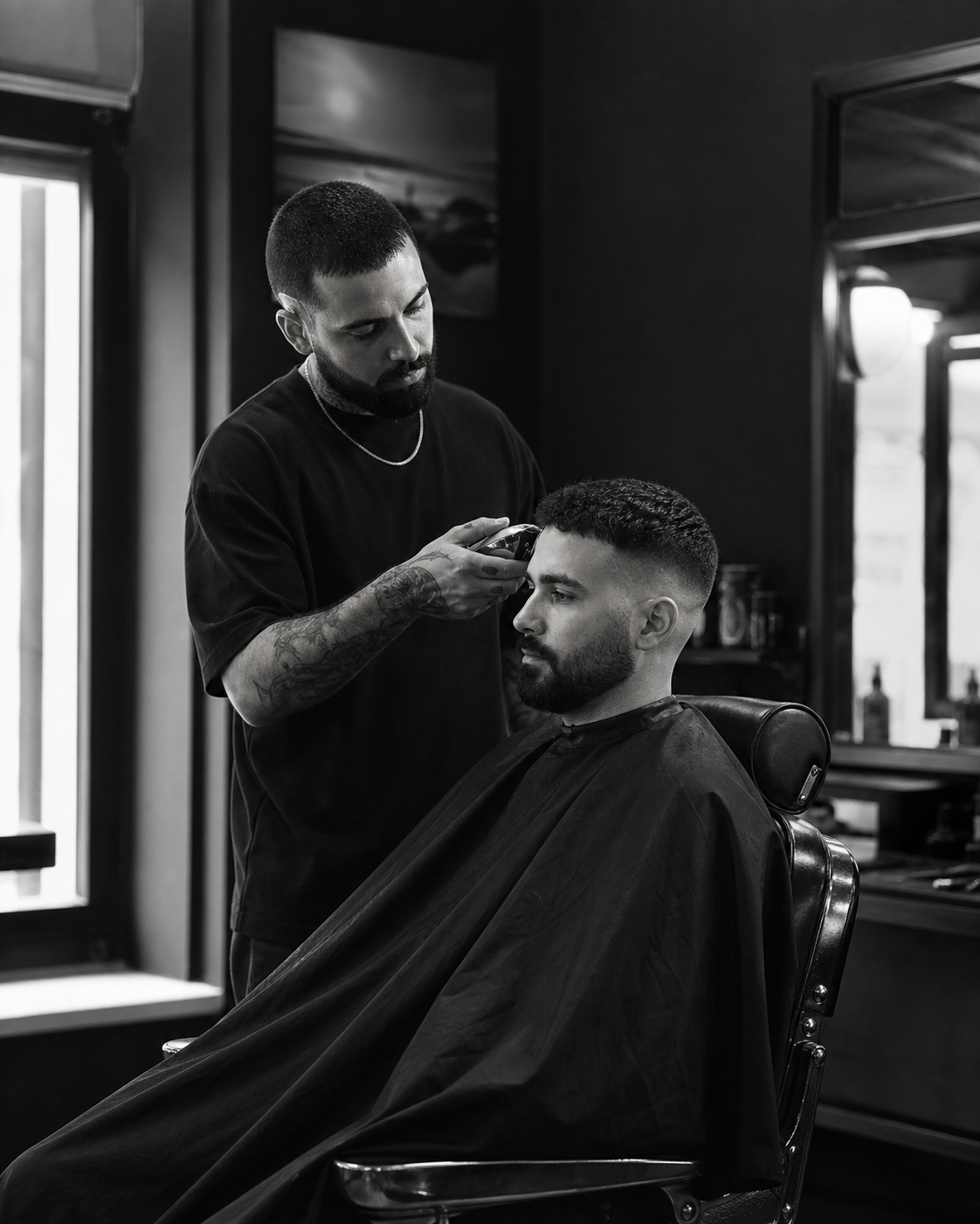 Barbeiro realizando um corte com máquina em um cliente