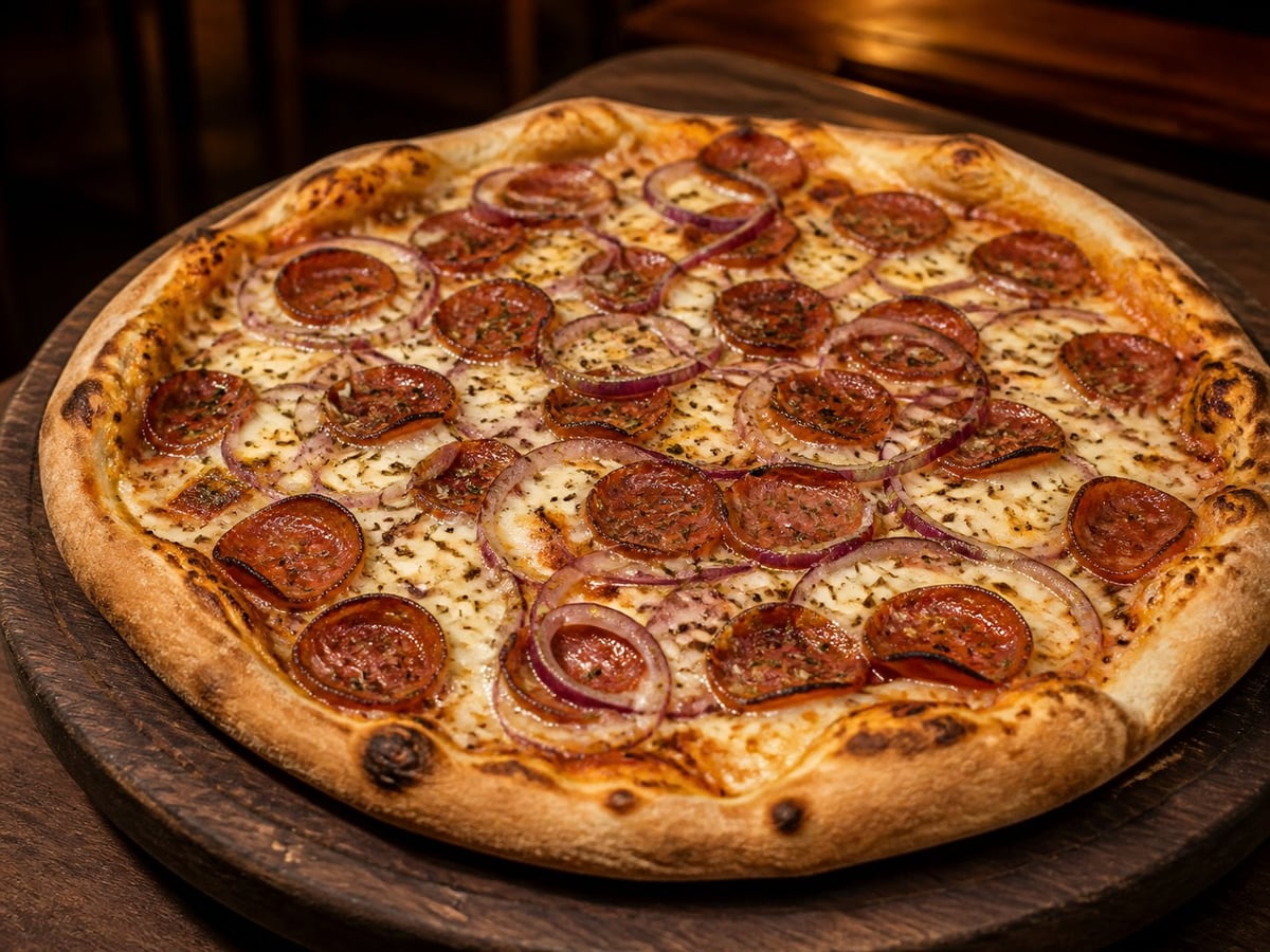 Pizza de calabresa com queijo derretido e cebola roxa